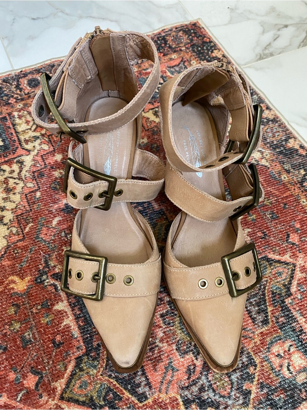 Jeffrey Campbell Tan Pointed Toe Buckle Strap Heels